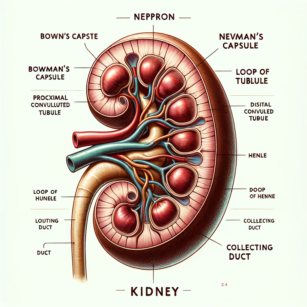 DALL·E 2023 11 15 16.42.27 A detailed anatomical illustration of a human kidney showcasing its internal structure. The image should prominently feature the nephron the basic f