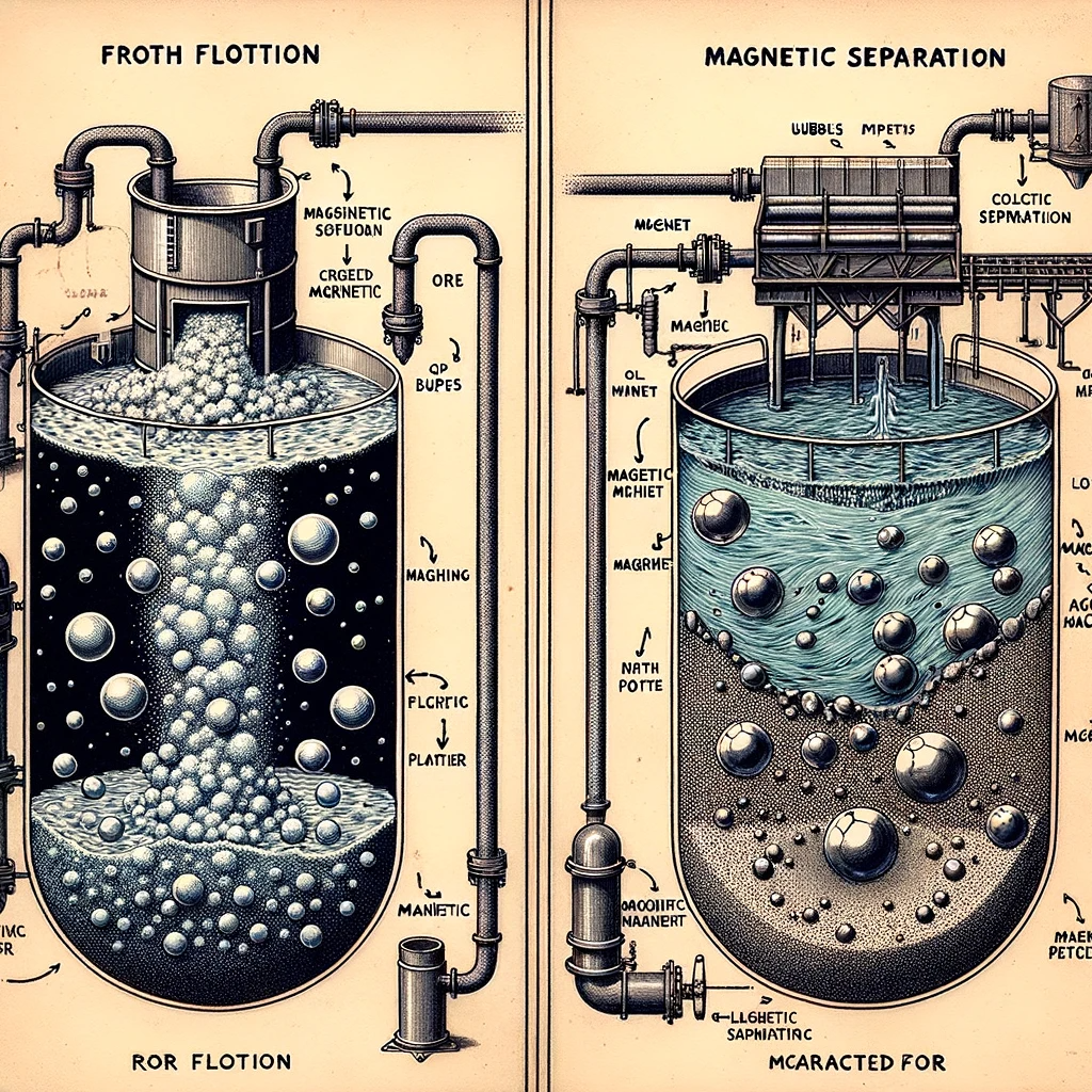 DALL·E 2023 11 22 11.32.20 A split diagram with two sections. On the left Froth Flotation showing a large tank filled with water crushed ore and frothing agents. Bubbles fl