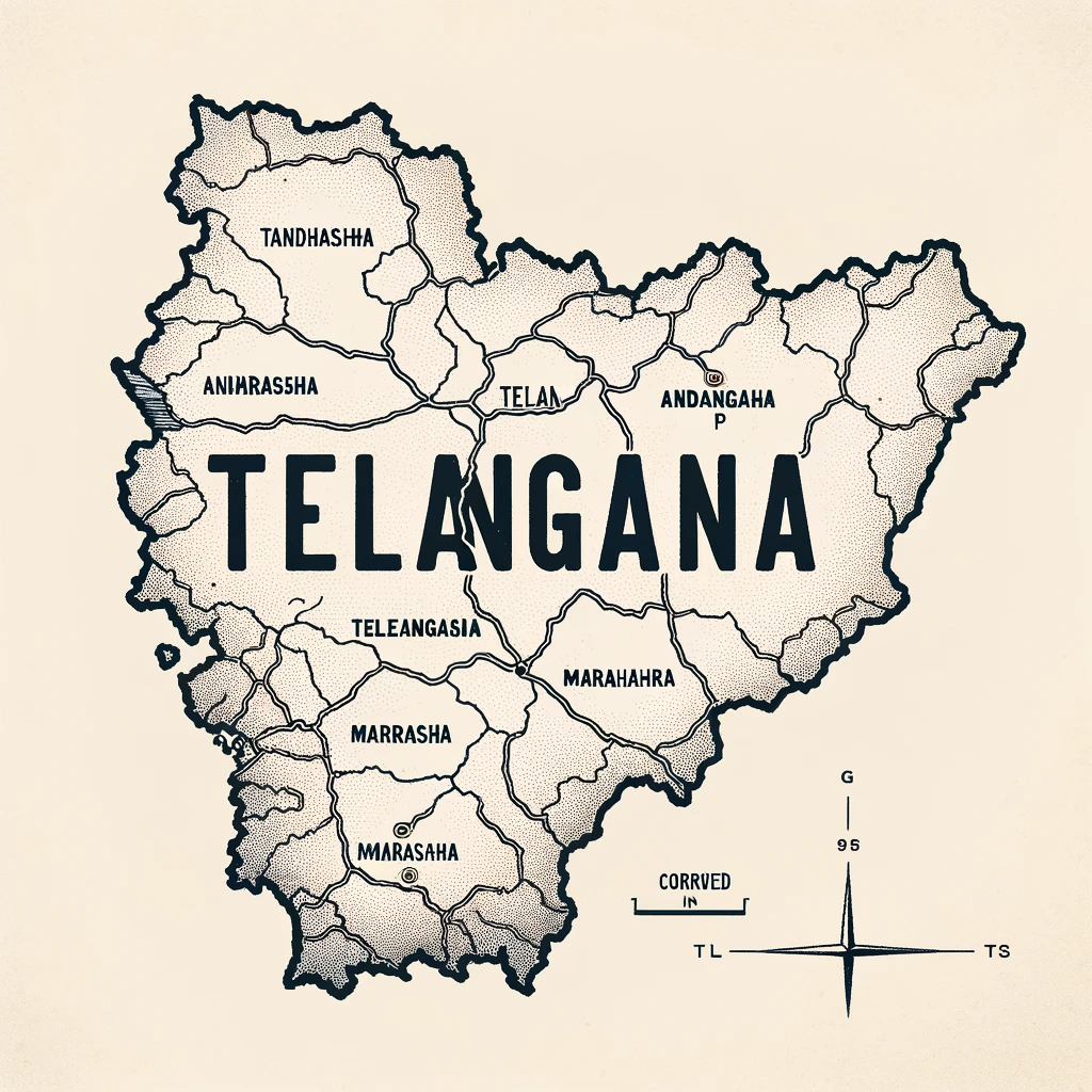 DALL·E 2023 12 06 11.49.00 Revised outline map of Telangana India with corrected spelling of Telangana in a clear legible font. The map should also highlight its boundaries