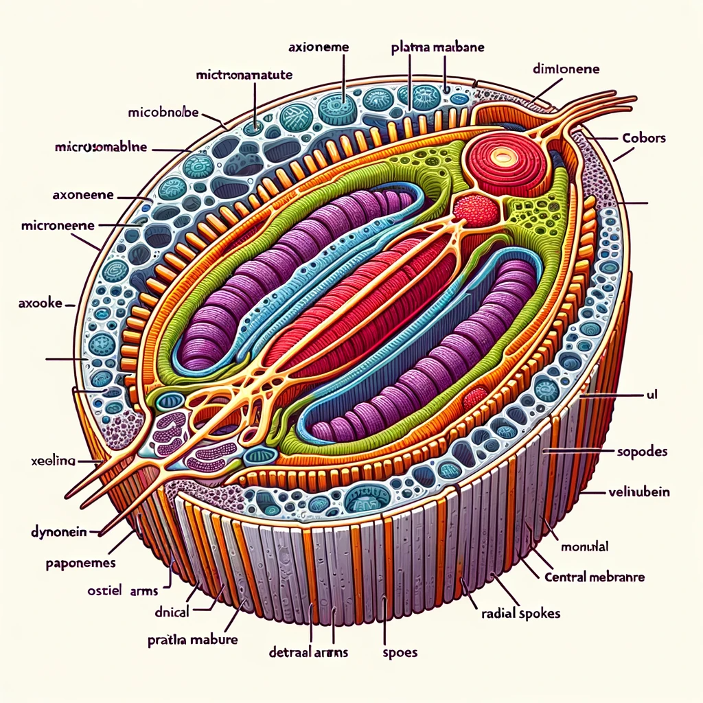 DALL·E 2023 12 13 11.46.50 A scientifically accurate labelled diagram of a cross section of a flagellum. The diagram should include detailed labels for key structures like the