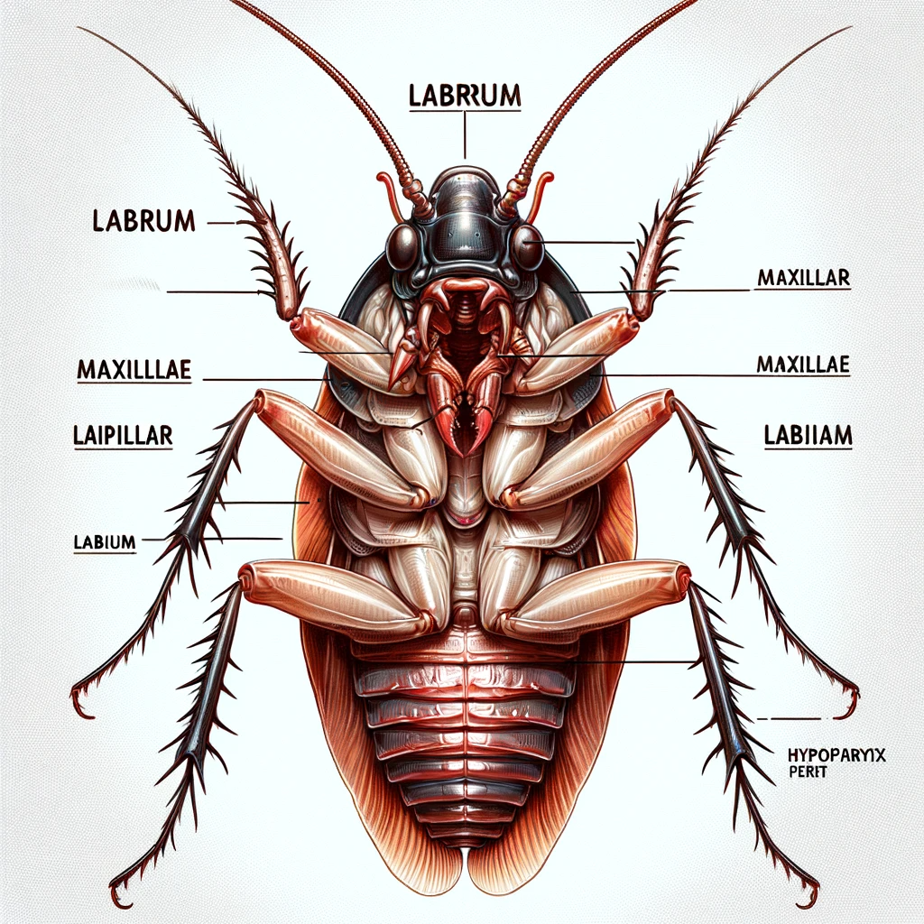 DALL·E 2023 12 13 14.57.35 Illustration of the mouthparts of a cockroach with clear and accurate labels. The image should depict the labrum mandibles maxillae labium and hy 1