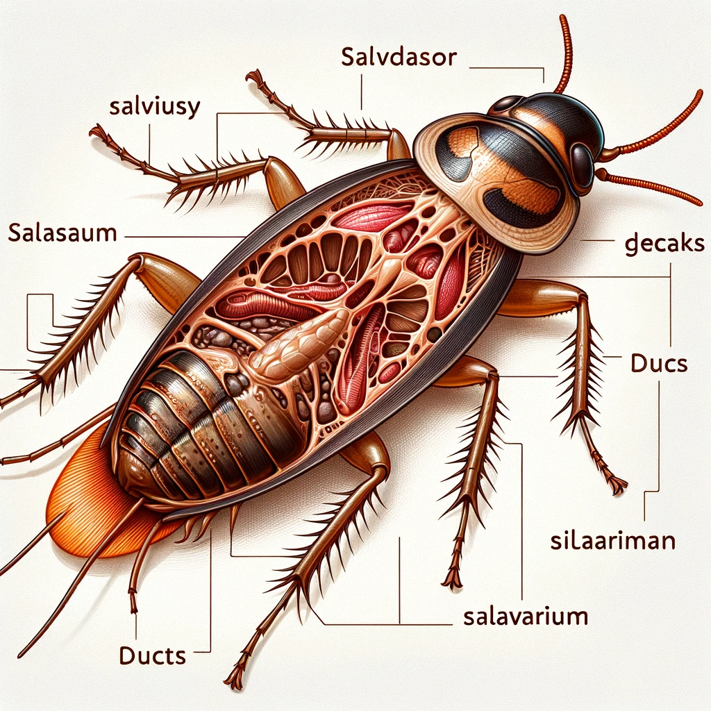 DALL·E 2023 12 13 14.59.50 Illustration of the salivary apparatus of a cockroach with clear and accurate labels. The image should depict the salivary glands salivary reservoir