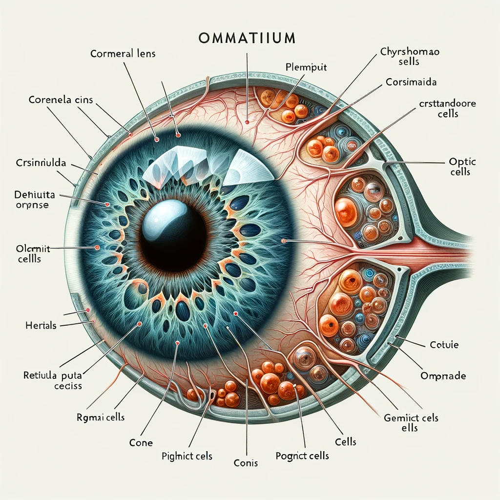 DALL·E 2023 12 13 15.01.20 Illustration of an ommatidium the individual unit of a compound eye with clear and accurate labels. The image should depict the corneal lens crysta