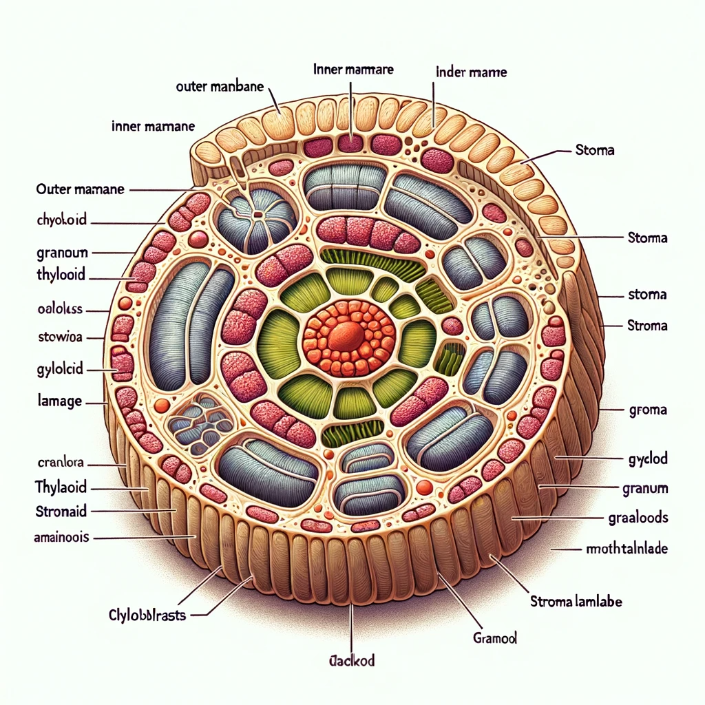 DALL·E 2024 01 18 11.02.48 A detailed and labeled diagram of a chloroplast showing its various parts such as the outer membrane inner membrane stroma thylakoid granum stac
