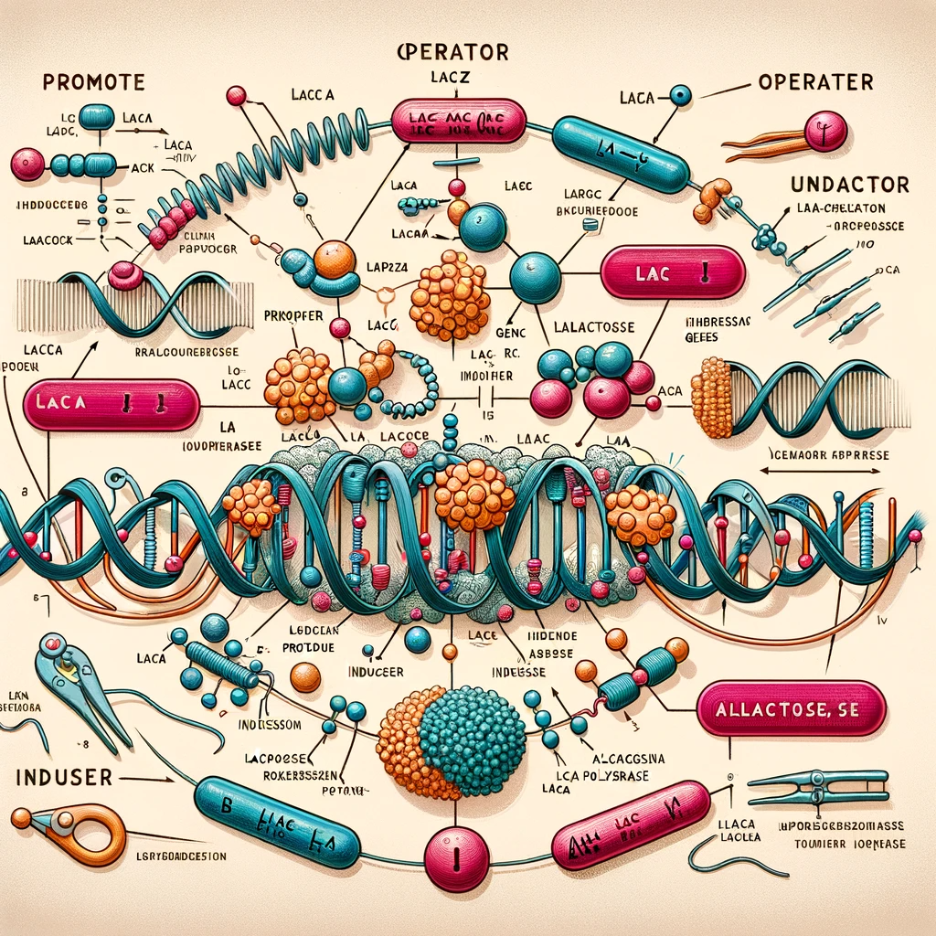 DALL·E 2024 01 18 15.24.15 A detailed scientific illustration of the lac operon a concept in molecular biology. The diagram should include the main components the promoter op 1
