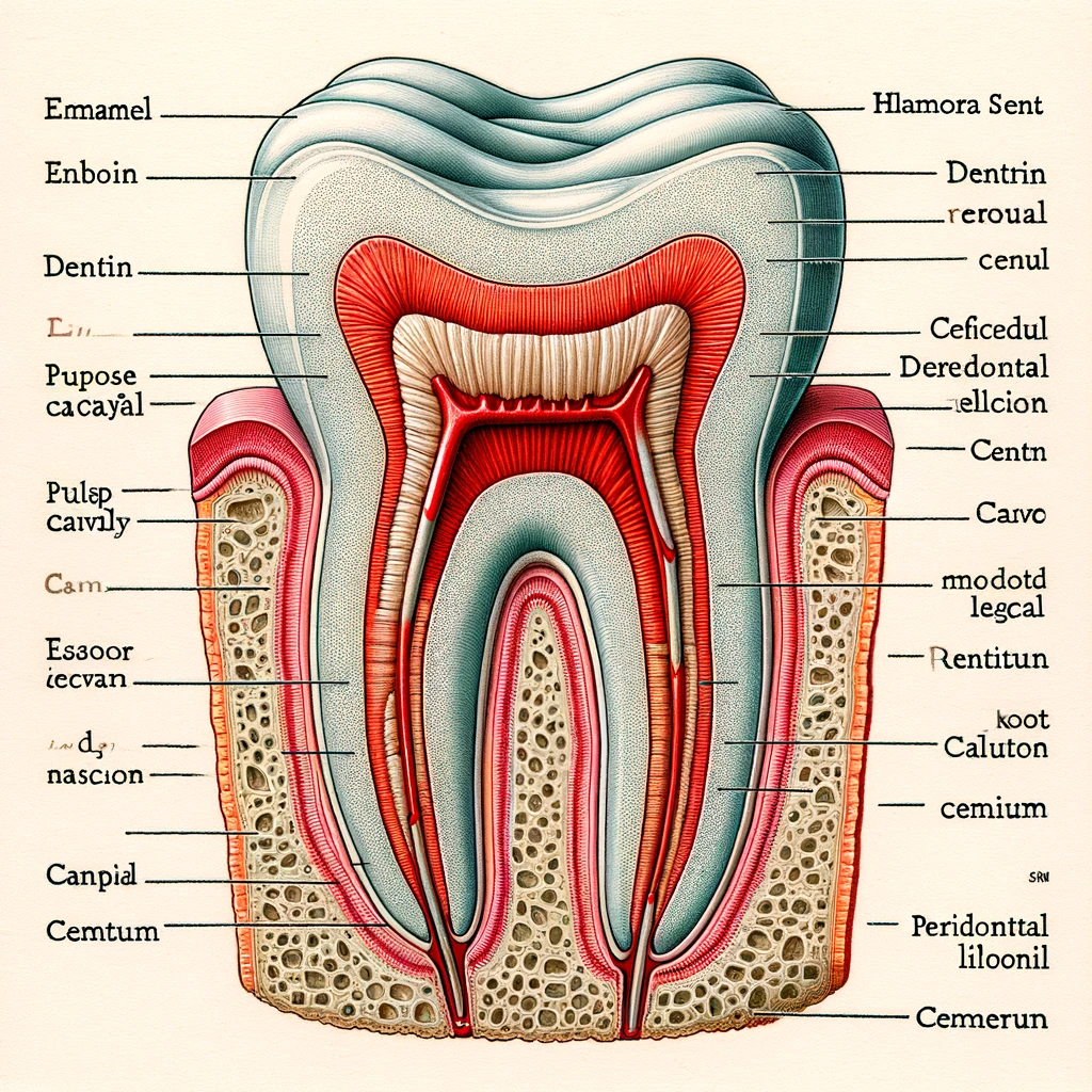 DALL·E 2024 01 20 09.50.46 A detailed labeled diagram of the longitudinal section L.S. of a human tooth. The diagram should show all major parts including the enamel dentin