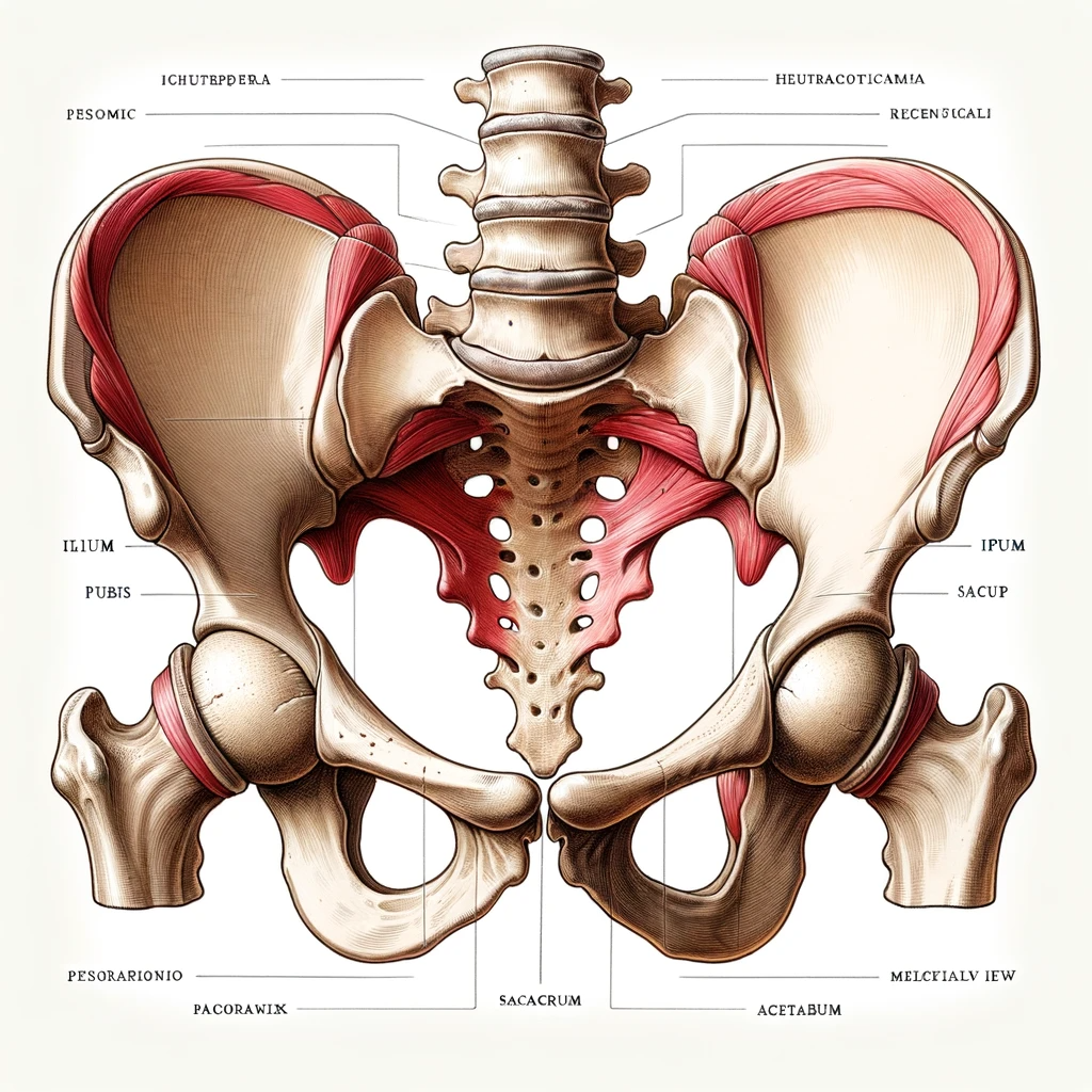 DALL·E 2024 01 20 11.52.20 A detailed and accurate anatomical illustration of the human pelvic girdle showing a lateral view. The diagram should be neat and clearly labeled hi