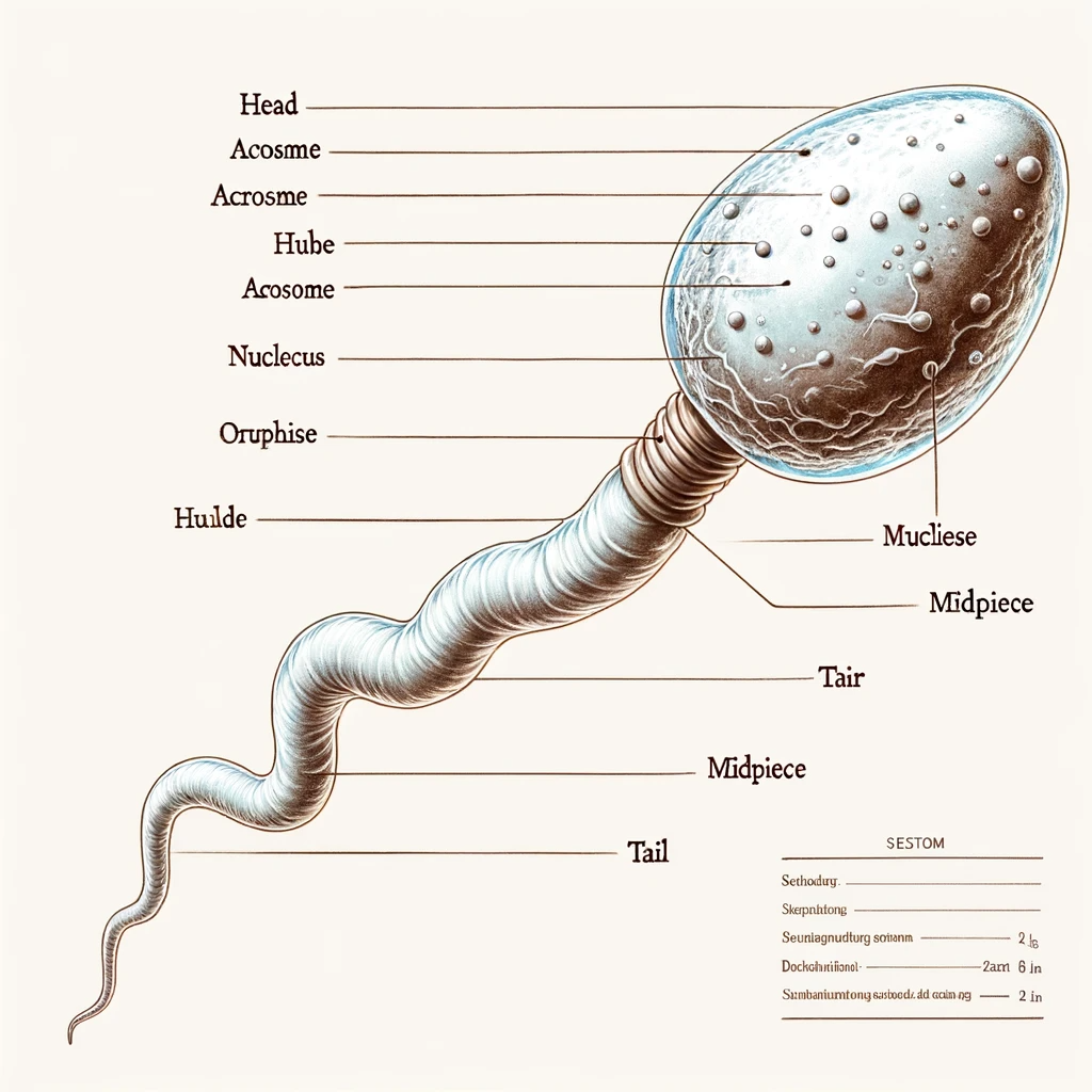 DALL·E 2024 01 20 15.50.41 A detailed and scientifically accurate illustration of a human sperm labeled with its main parts. The sperm should be depicted in a realistic style